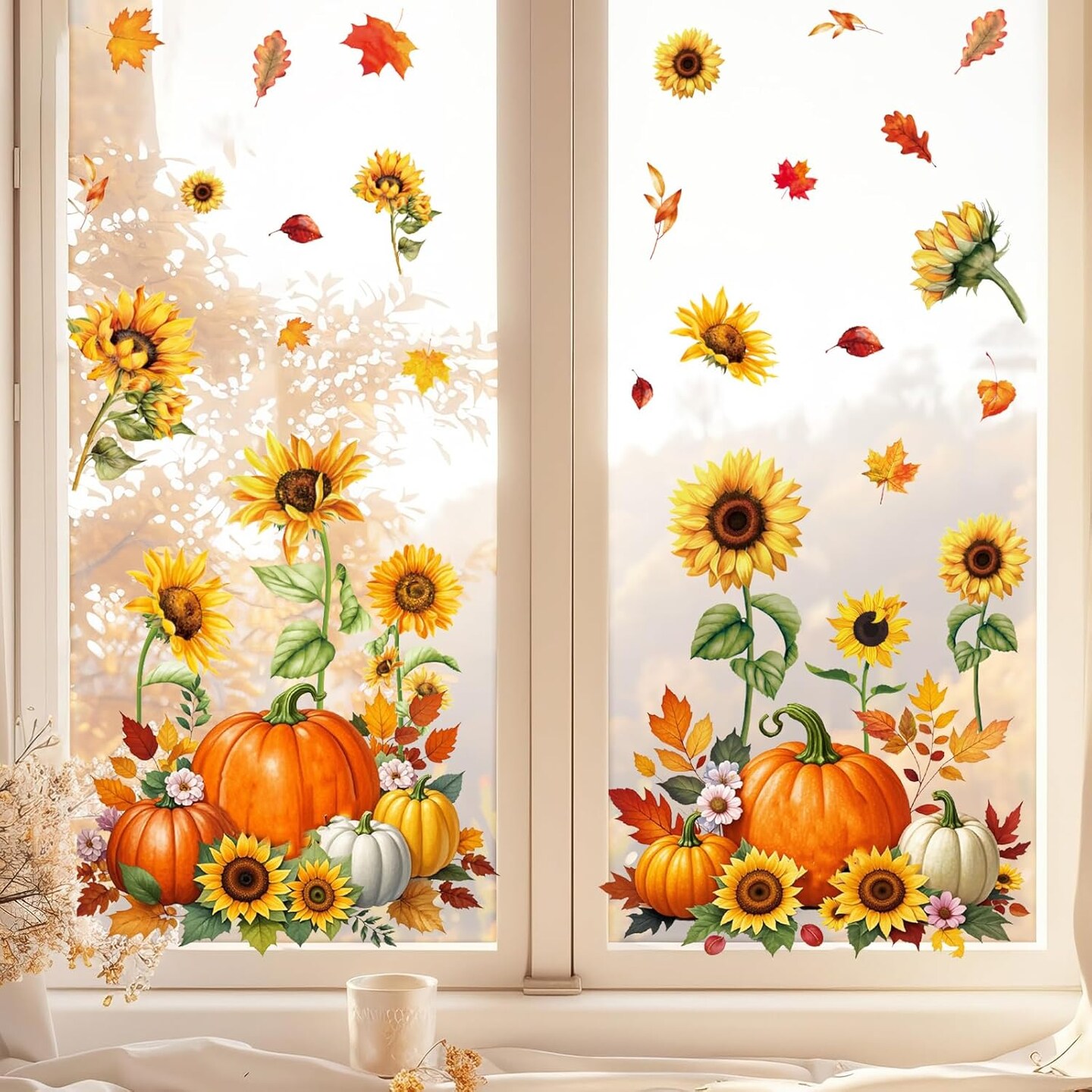 9 Sheets Fall Sunflower Window Clings Thanksgiving Pumpkin Leaves Window Stickers
