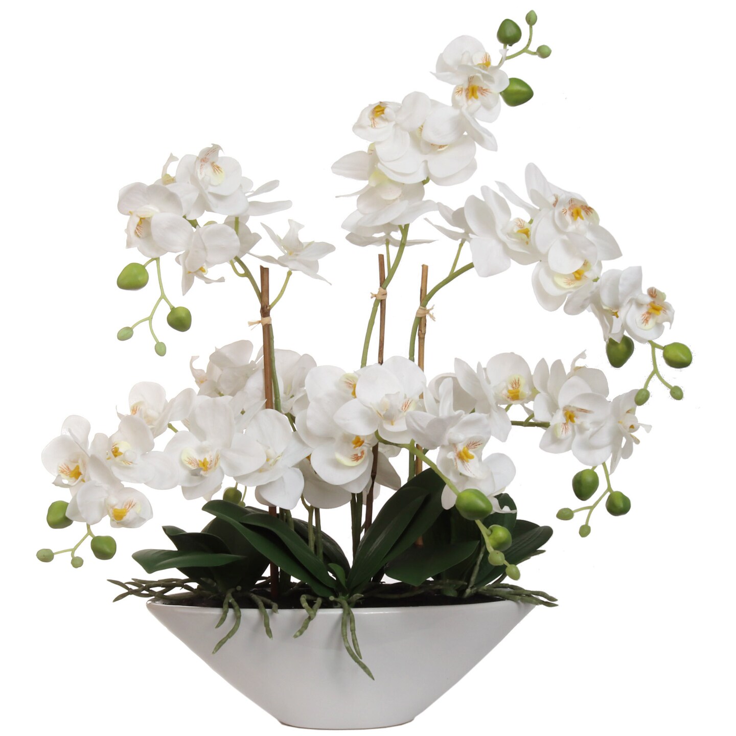 18" White Phalaenopsis Orchid Flowers in White Ceramic Vase, Floral Home by Artificial Flowers