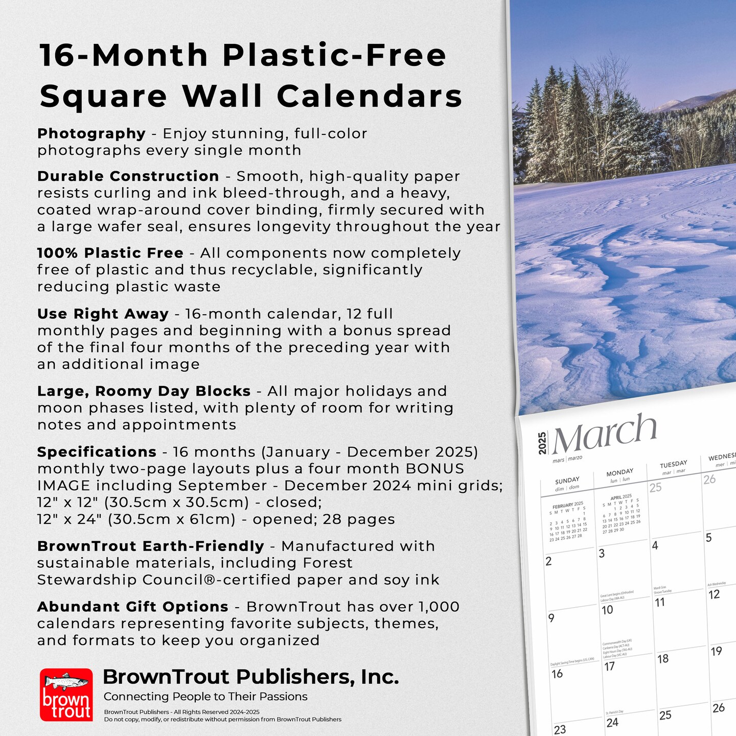 Vermont Wild &#x26; Scenic | 2025 12 x 24 Inch Monthly Square Wall Calendar | Plastic-Free | BrownTrout | USA United States of America Northeast State Nature