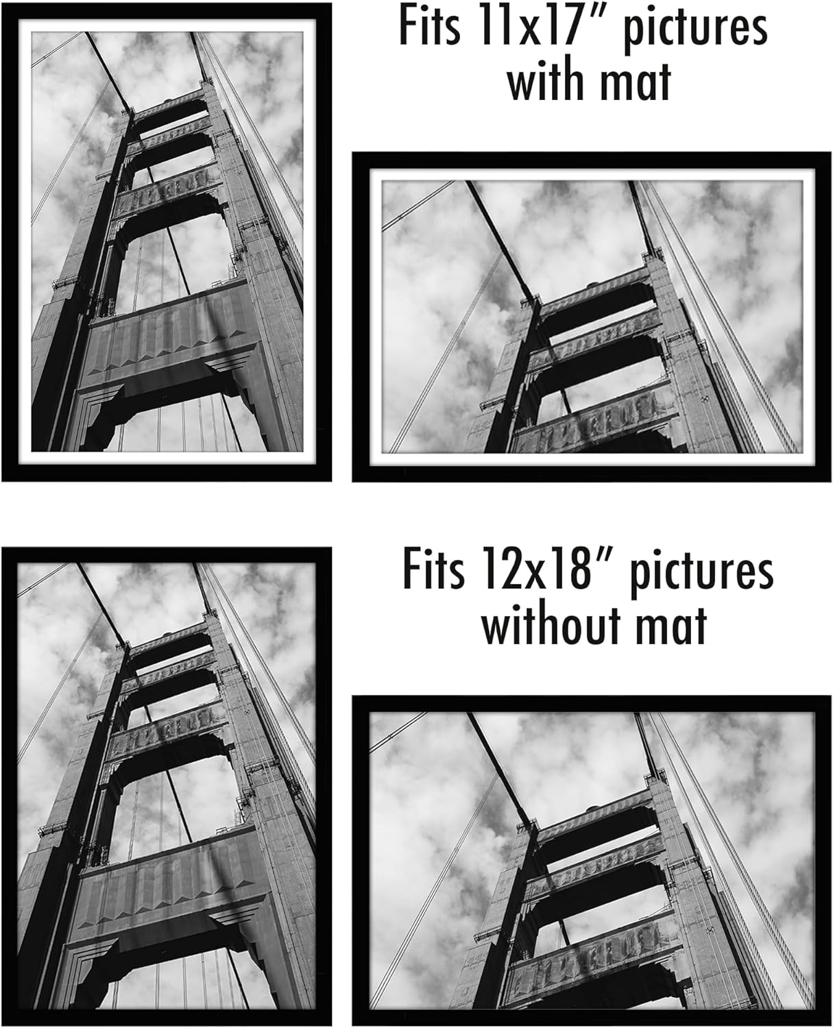 12x18 Poster Frame with Polished Plexiglass - Set of 5 - Use as an 11x17 Frame with Mat or a 12x18 Frame without Mat - Galleria Collection - Gallery Wall Frame Set for Wall Display in Black