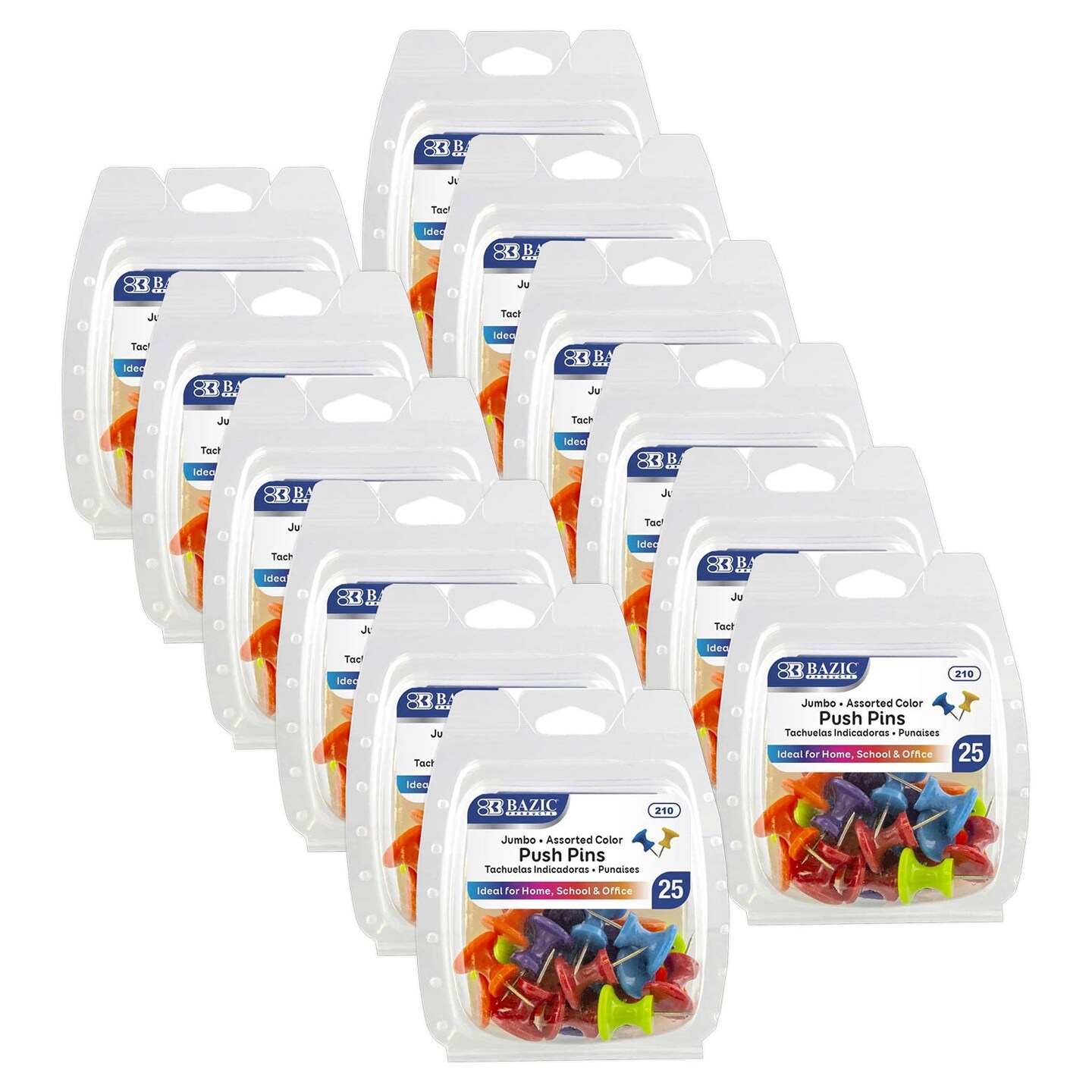 Jumbo Push Pins, Assorted Color, 25 Per Pack, 12 Packs