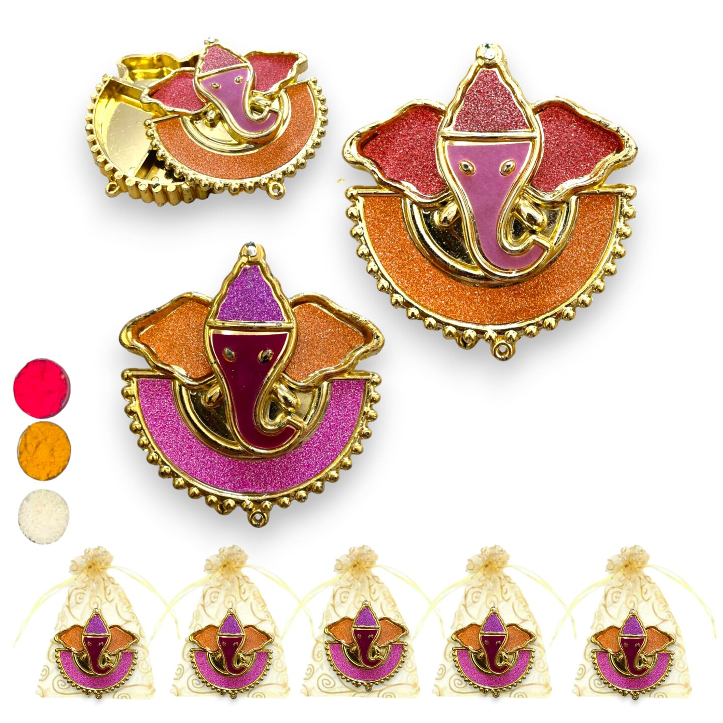 5 Pieces Decorative Ganesha Haldi Kumkum Holder Roli Chawal/rice Holder Indian Festival Favor Diwali Rakhi Pooja Tilak Platter Housewarming Gifts Wedding Favor