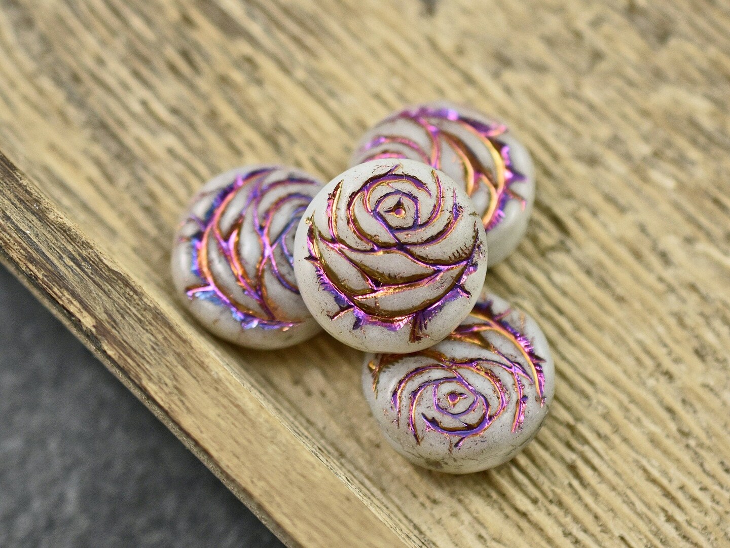 *6* 17mm Metallic Rainbow Washed Alabaster Rose Coin Beads