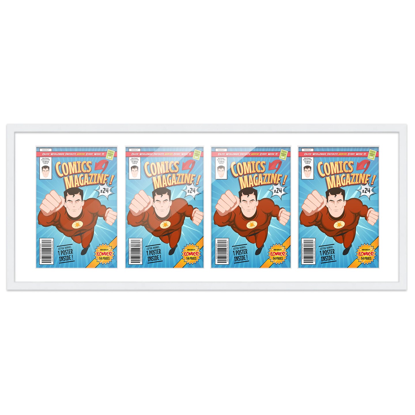 Comic Book Frame with Mat for 4 Golden Age Comics Published Between 1938 and 1956 - White Wood Comic Frame With White Mat for 7.75x10.5 Comics - 37.5x14 Frame Size