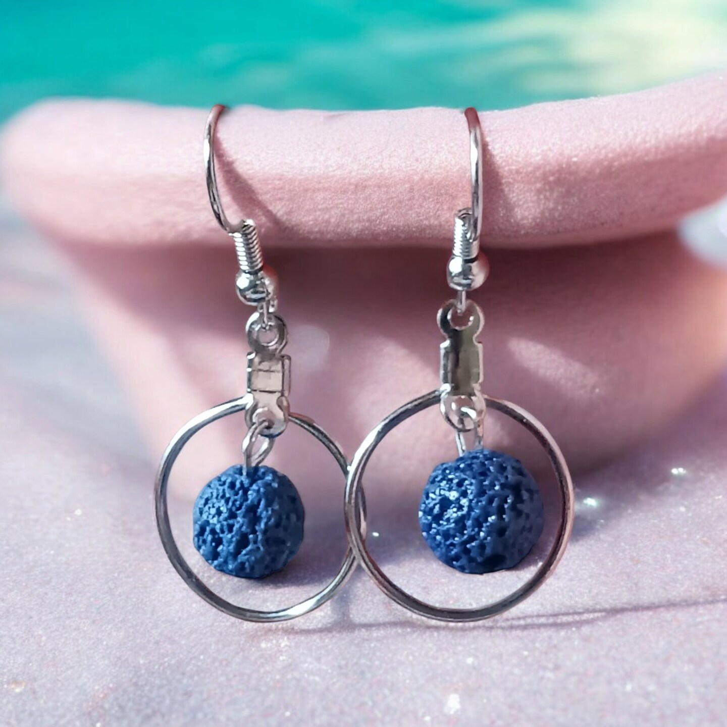 Dark Blue Lava Stone And Silver Hoop Earrings