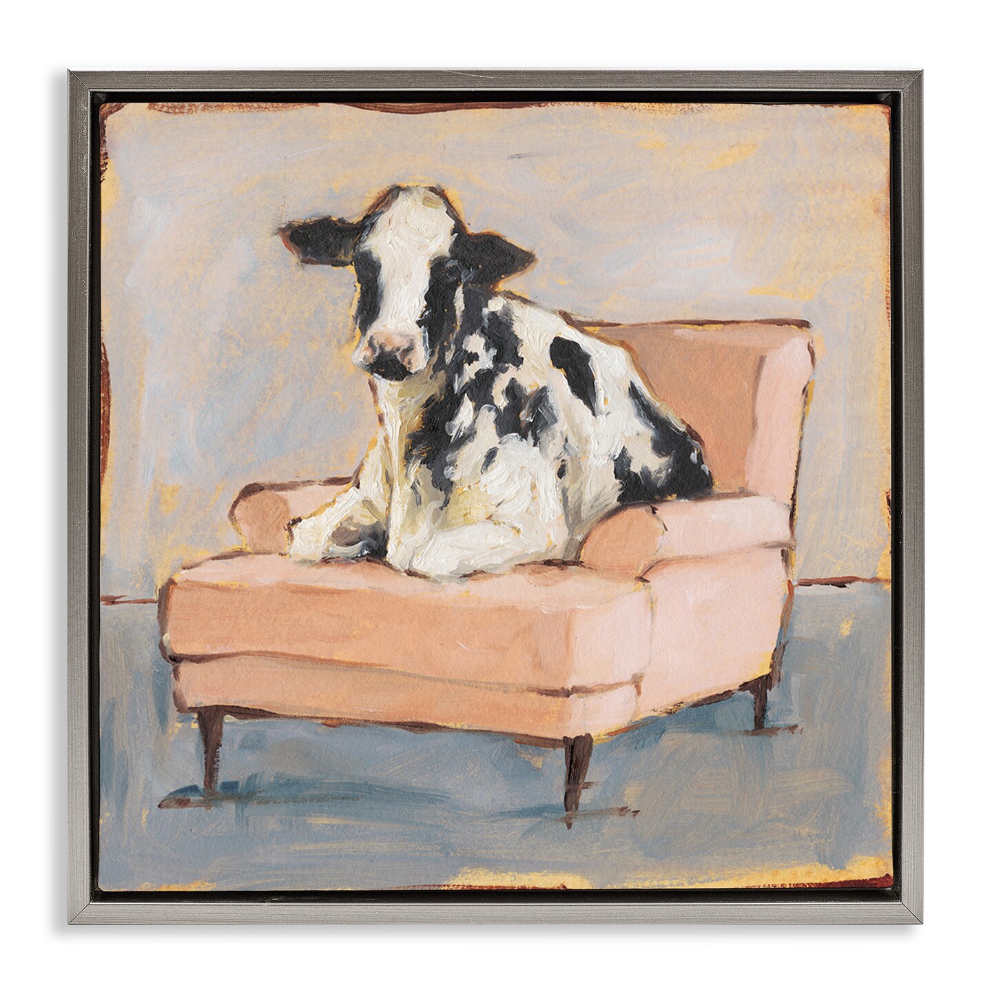 Stupell Industries Baby Cow on Pink Couch Framed Floater Canvas Wall Art