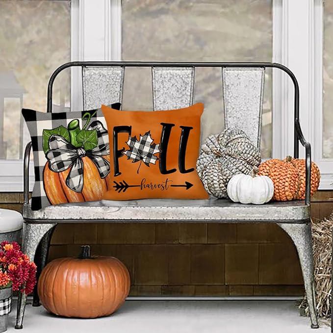 Fall Pillow Covers 18x18 Set of 4 for Thanksgiving Buffalo Check Farmhouse Decorations Orange Pumpkin Outdoor Autumn Farm Truck Pillows Decorative Throw Cushion Case for Home Decor, S23F22