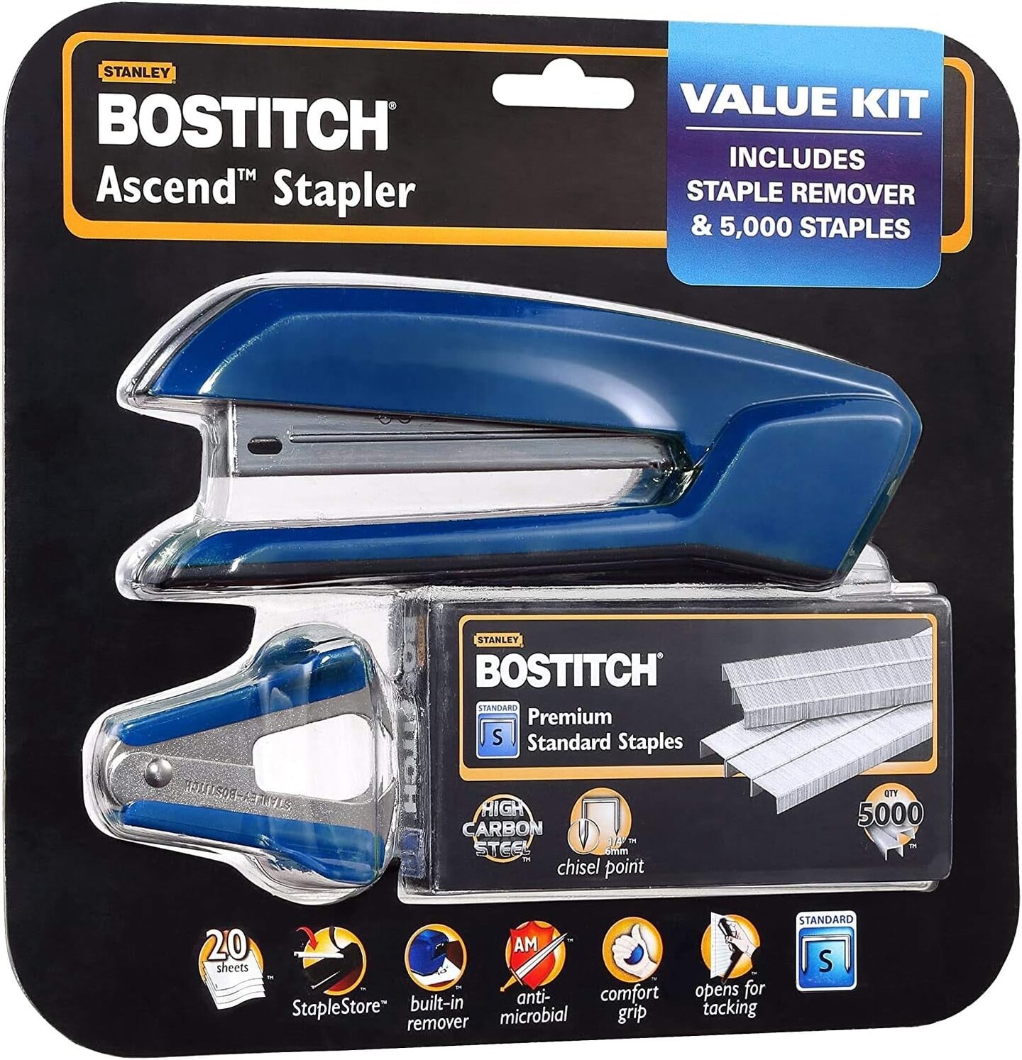 Office Ascend 3 in 1 Stapler Value Pack, 20 Sheet Capacity, Includes 5000 Staples, Integrated Remover &#x26; and Extra Staple Remover, Staple Storage Compartment, Assorted Colors (Colors May Vary)