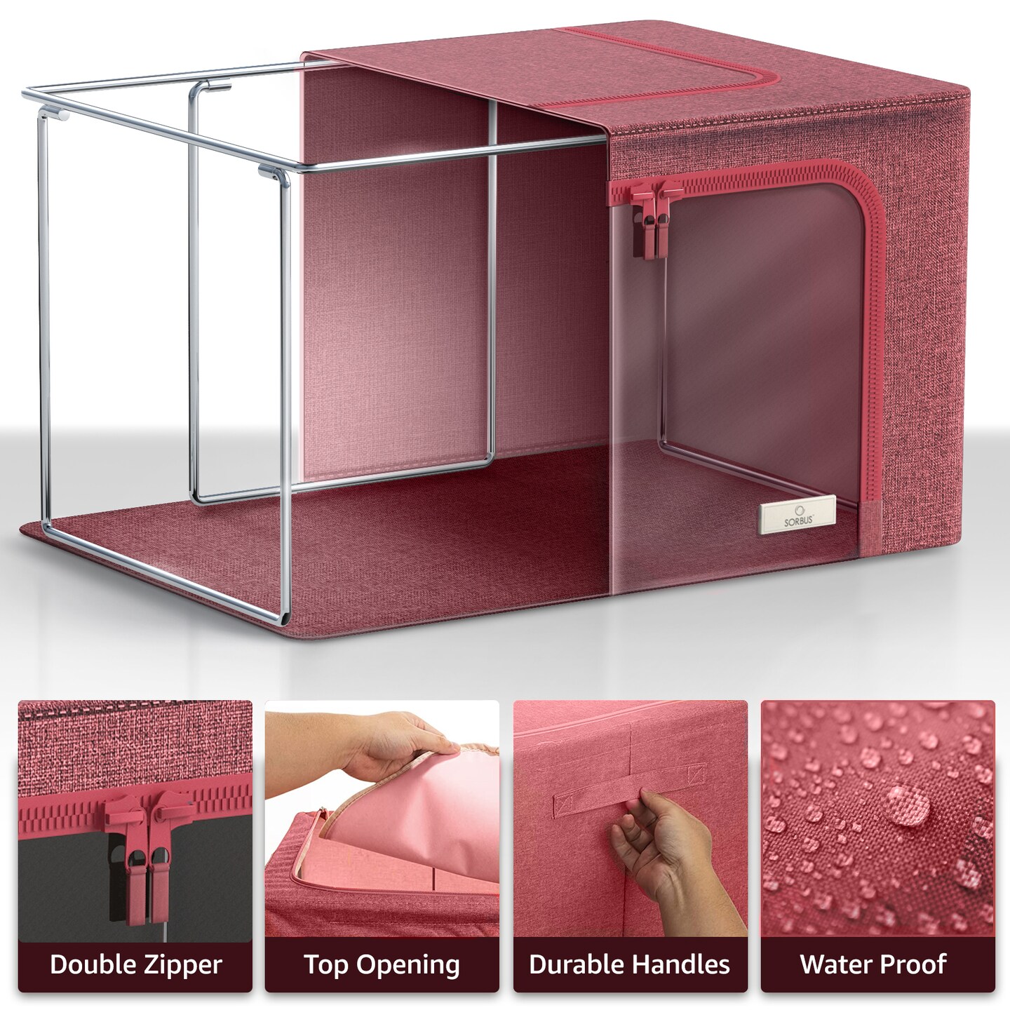 Sorbus Large Storage Bins, 4 Pack Stackable & Foldable Clothes Organizer Bags with Metal Frame, Window, & Handles