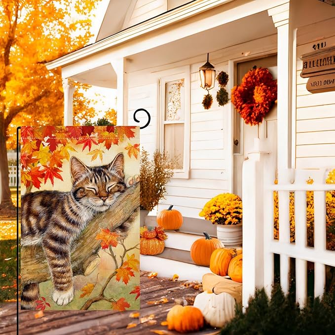 Fall Cat Garden Flag 12x18 Vertical Double Sided Autumn Leaves Thanksgiving Holiday Outdoor Decorations. Burlap Yard Flag, BW699