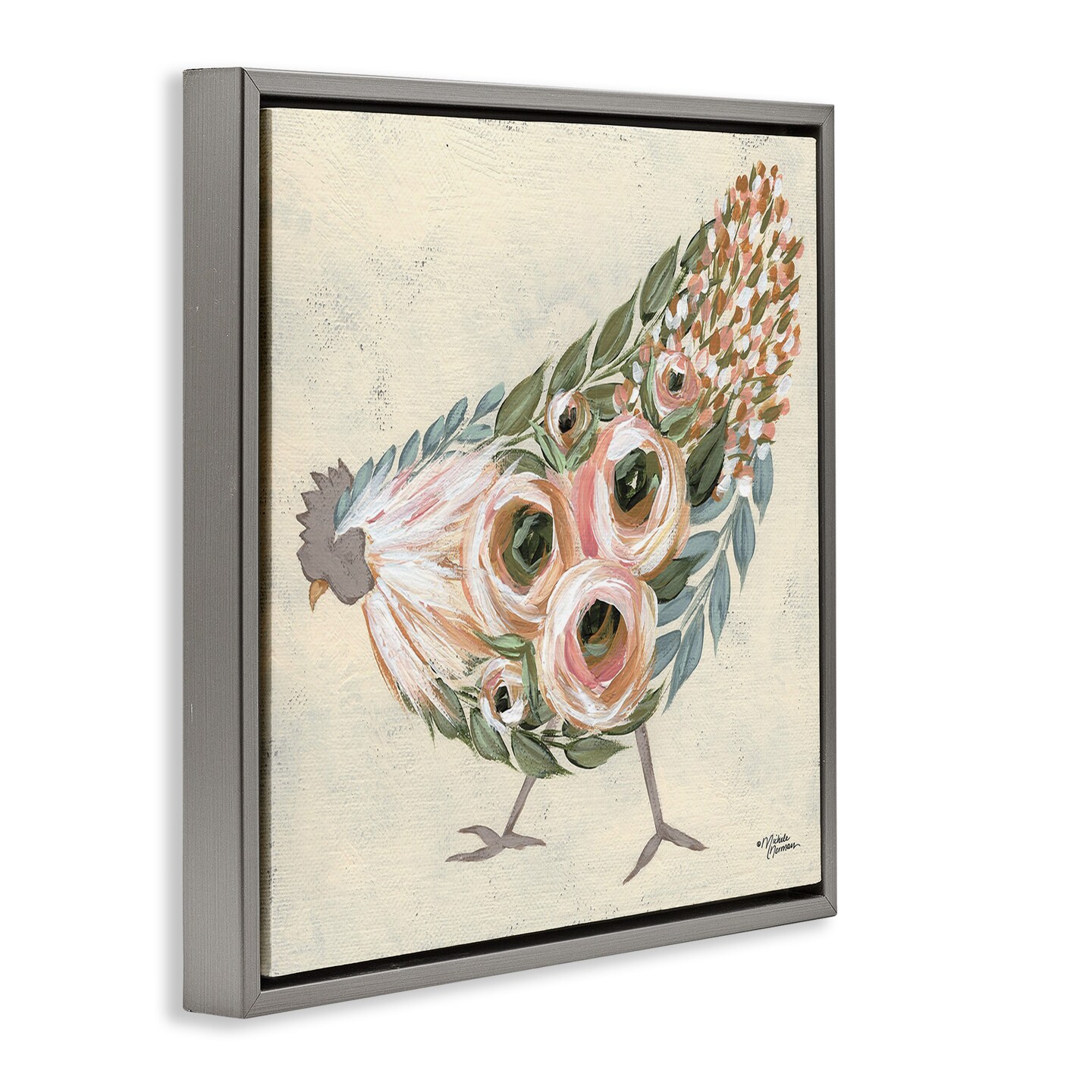 Stupell Industries Vintage Chicken with Floral Body Framed Floater Canvas Wall Art