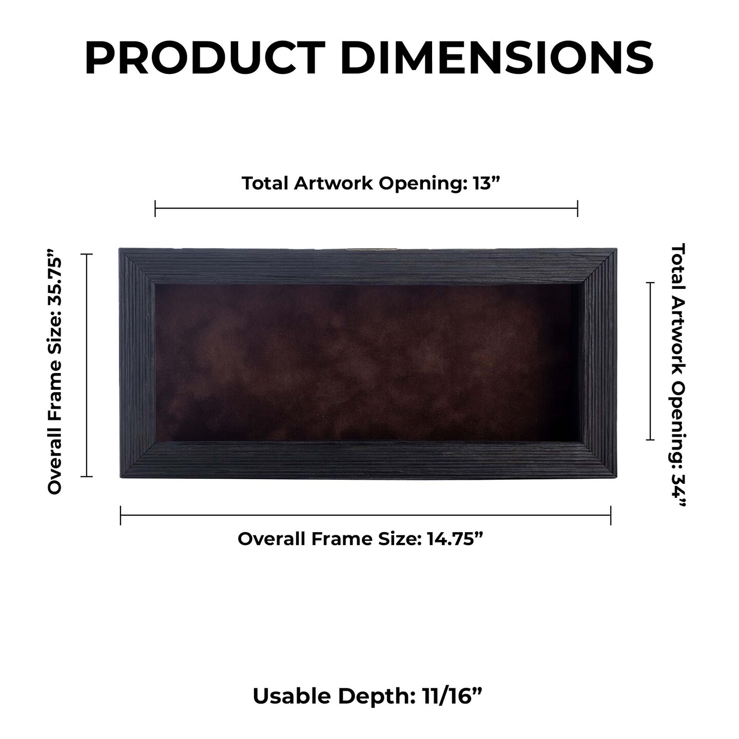 Rustic Black Wood Shadow Box Frame with Acrylic Front - Brown Suede Backing, 30 Sizes