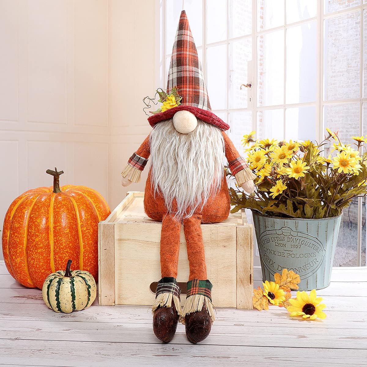 Fall Gnome Set with Two Dangle Legs. Buffalo Check Hat Plush Nisse Figurine. Swedish Nordic Tomte Scandinavian for Autumn Thanksgiving Home Decor Interior Decorations