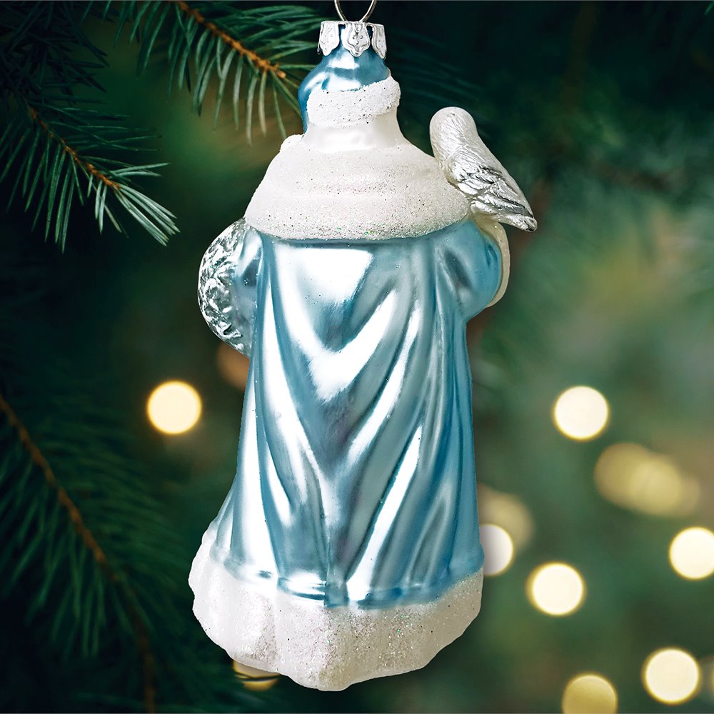 Arctic Whispers Santa Glass Christmas Ornament, Snowy Winter Theme with Light Blue Robe