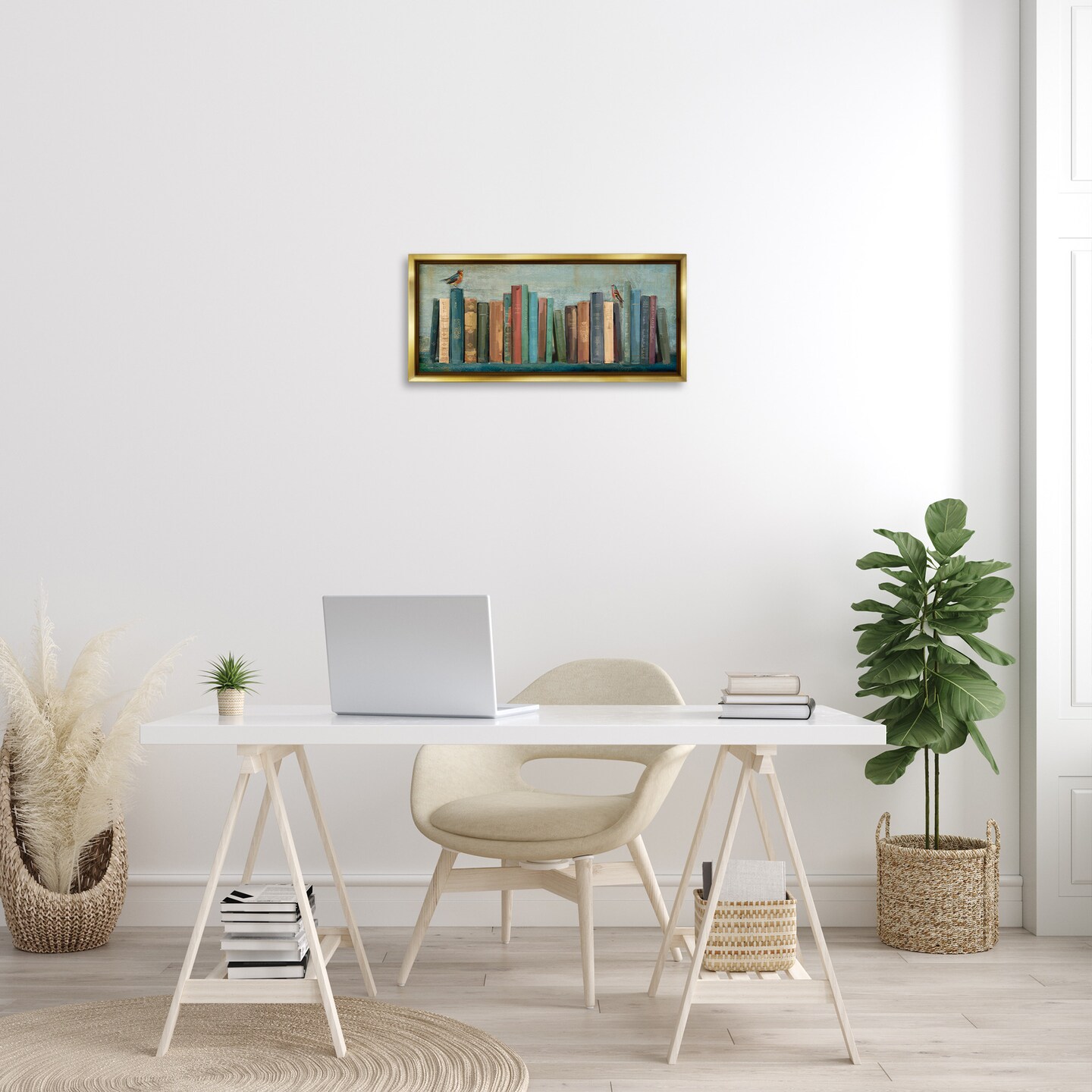 Stupell Industries Books And Birds Bookshelf Painting Framed Floater Canvas Wall Art