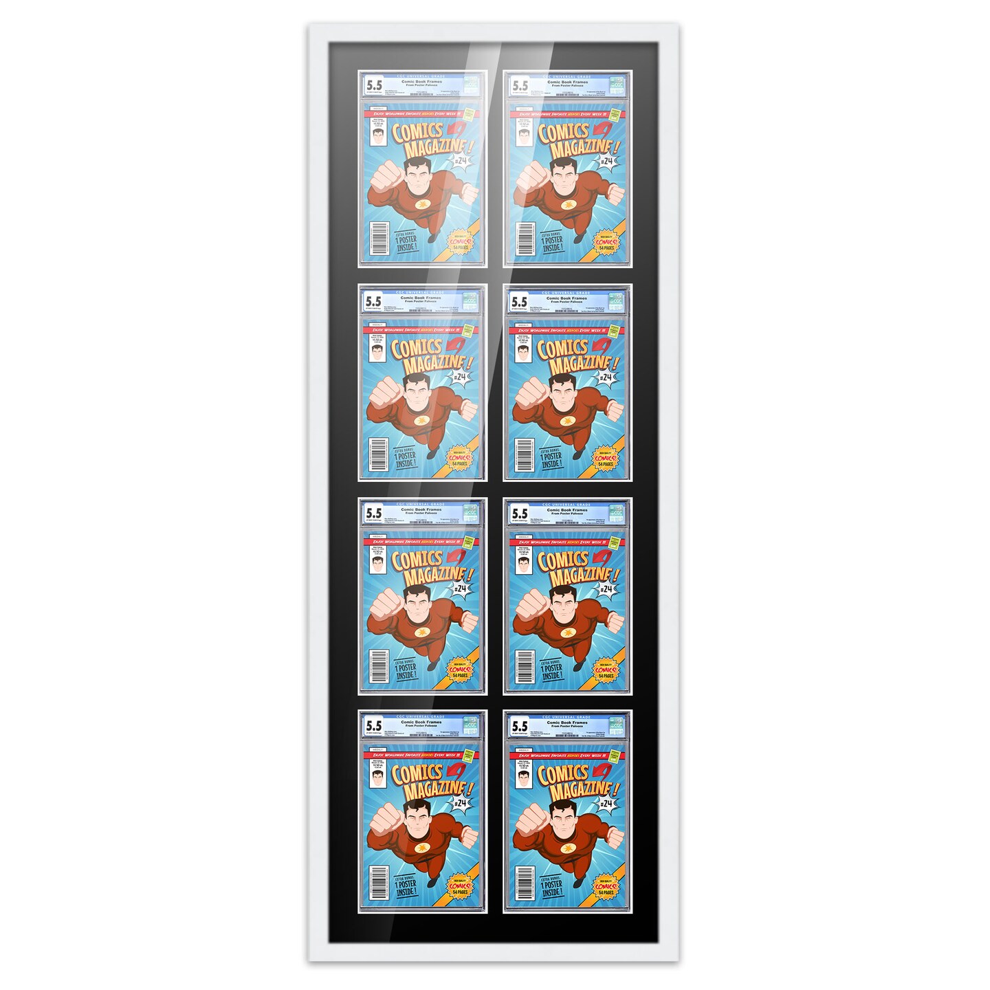 Comic Book Display Frame for Graded Comics - White Wood Comic Frame With Black Mat for 8.125x13 Comics, 18 Frame Sizes
