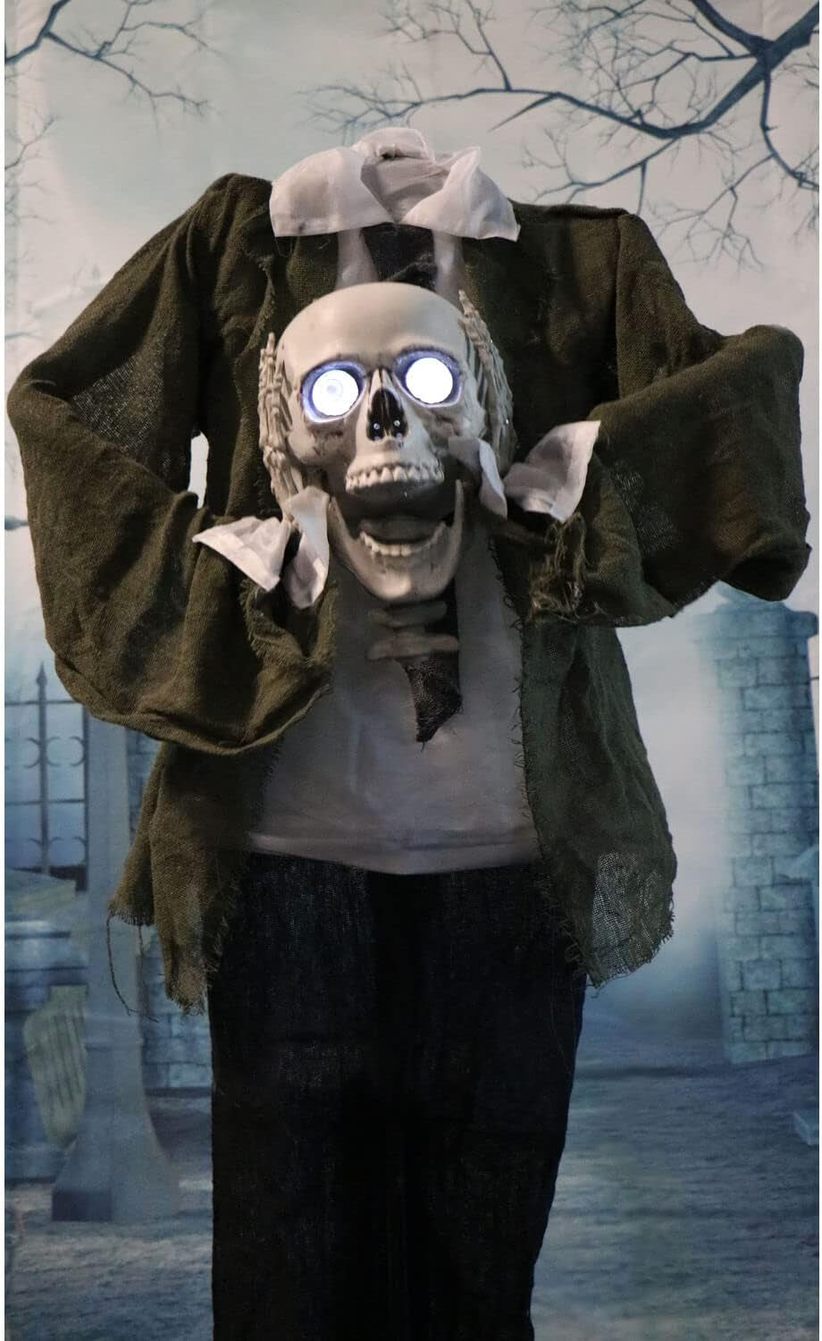 Life-Size Animatronic Scary Talking Headless Skeleton with Touch Activated Lights and Sound, Battery-Operated Indoor or Covered Outdoor Halloween Decoration