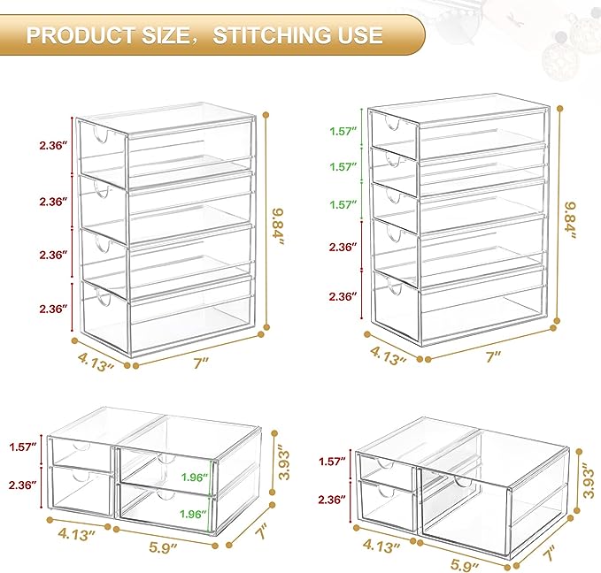 Makeup Organizer With 16 Drawers, 4 Pieces Desktop Office Supplies, Desk Organizers, Clear Desk Accessories, Dustproof Drawer Storage for Makeup, Jewelry, Pen, Stationery