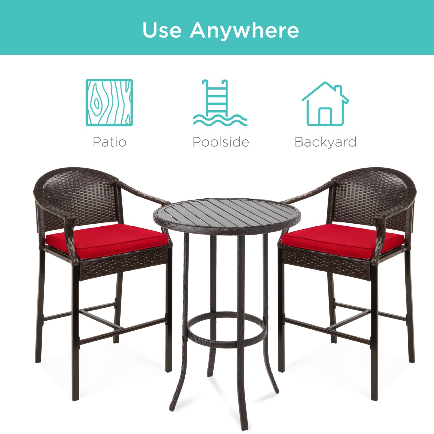 Best Choice Products 3-Piece Outdoor Wicker Bistro Bar Height Set for Patio, Garden w/ Barstools, Steel Frame