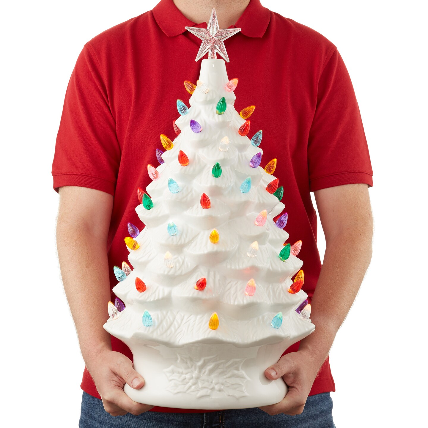 Casafield Hand Painted Ceramic Christmas Tree, 24-Inch Pre-Lit Tree with 148 Multi Color Lights and 2 Star Toppers