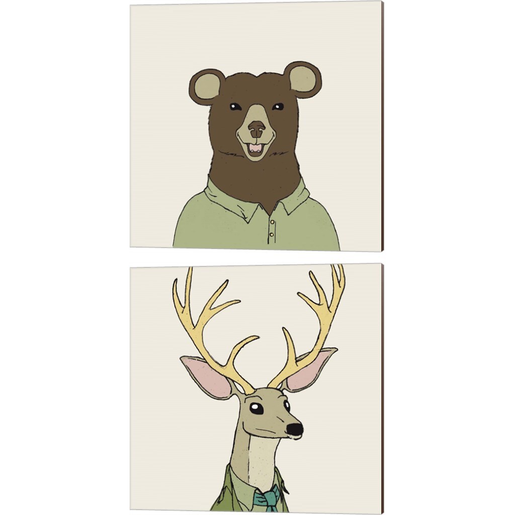 Bear &#x26; Deer on Cream by Wild Apple Portfolio 14&#x22; x 14&#x22; Canvas Wall Art (Set of 2)