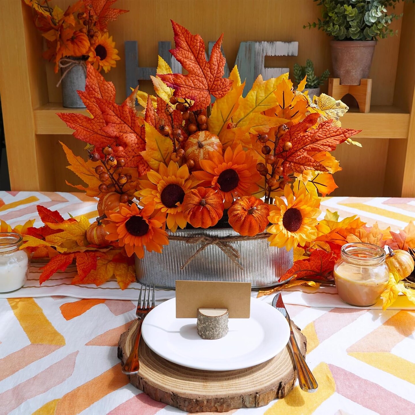 10 inch Fall Floral Arrangement in Galvanized Metal Oval Planter Artificial Autumn Harvest Maple Leaf Floral Stems Faux Potted Plants Table Centerpiece for Farmhouse Wedding Home Mantel D&#xE9;cor