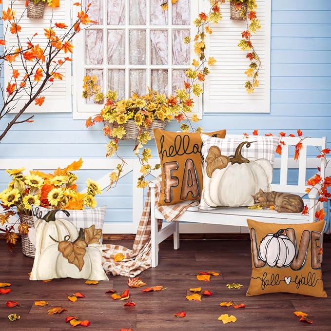 Fall Pumpkin Throw Pillow Covers 18x18 Set of 4, Maple Leaf Love Autumn Thanksgiving Harvest Decorative Pillows Outdoor Farmhouse Seasonal Cushion Cover for Home Sofa Couch Decor