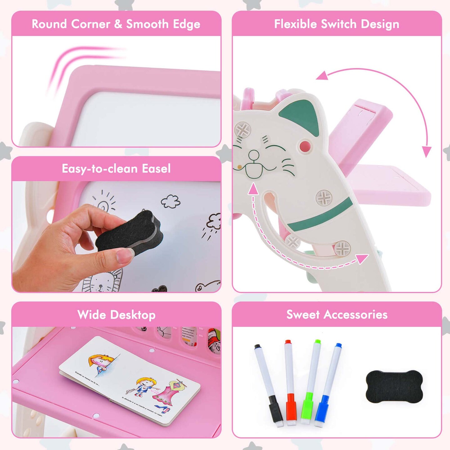 Costway 3-In-1 Kids Art Easel with Stool Magnetic Dry-Erase Board with Book Rack Blue/Green/Pink