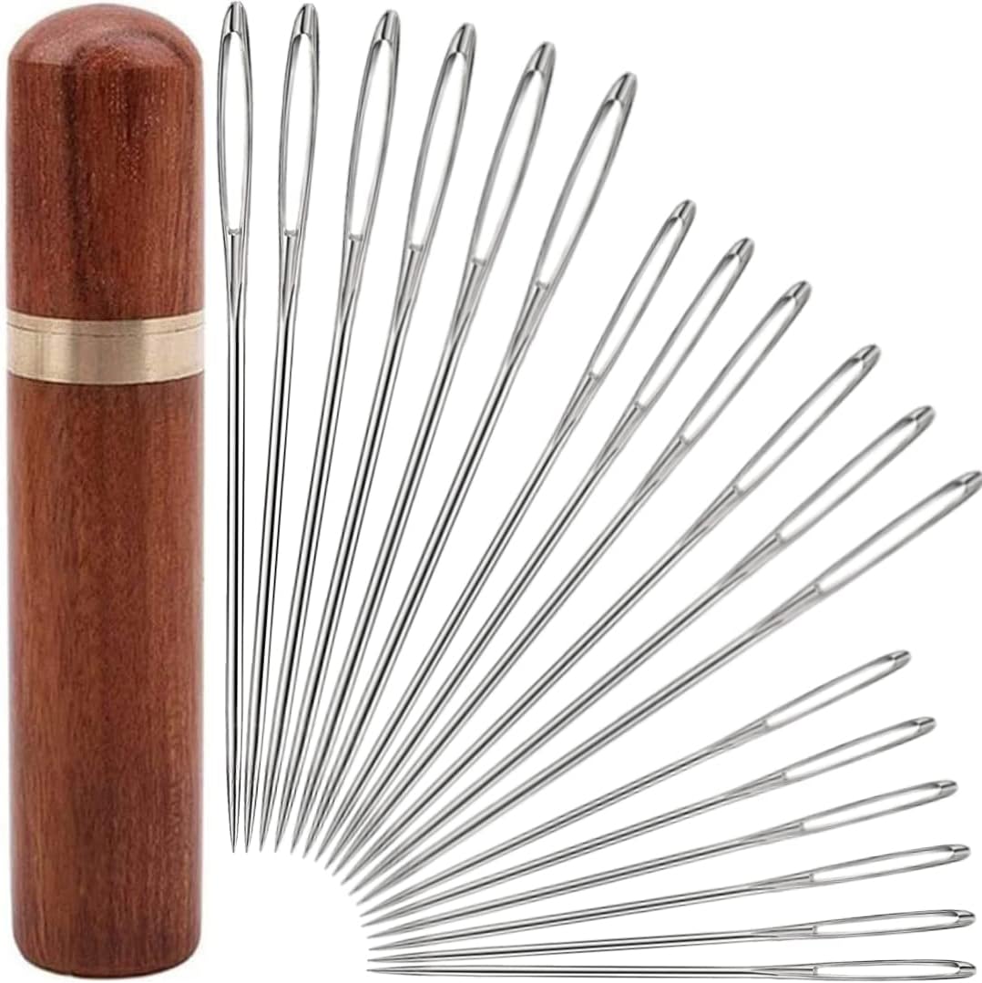 18 pieces. Sewing supplies include large eye sewing needles, handmade yarn knitting needles, sewing sharp needles, stainless steel embroidery thread needles, leather needles, and tapestry needles.