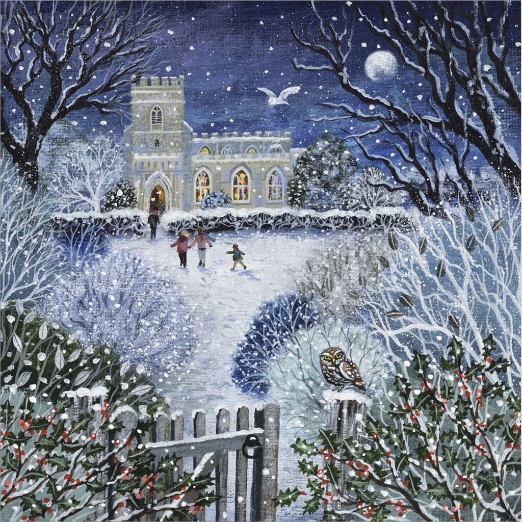 Winter Church and Little Owl by Lucy Grossmith 24&#x22; x 24&#x22; Canvas Wall Art