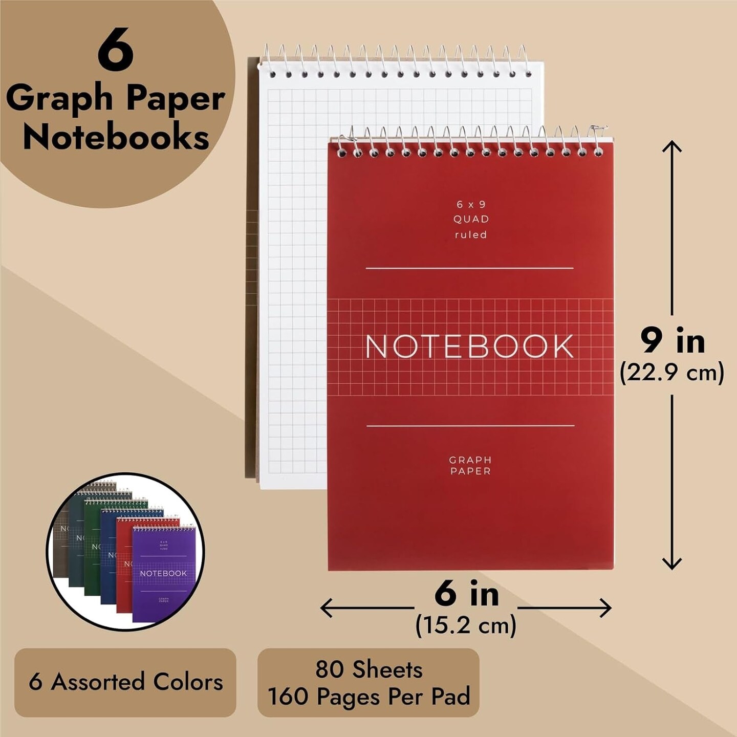 6 Pack Quad Ruled 6X9 Inch Top Bound Spiral Graph Paper Notebook - 80 Sheets / 160 Writable Page Steno Notepads for Writing, Sketching, Drawing, School Supplies (6 Colors)