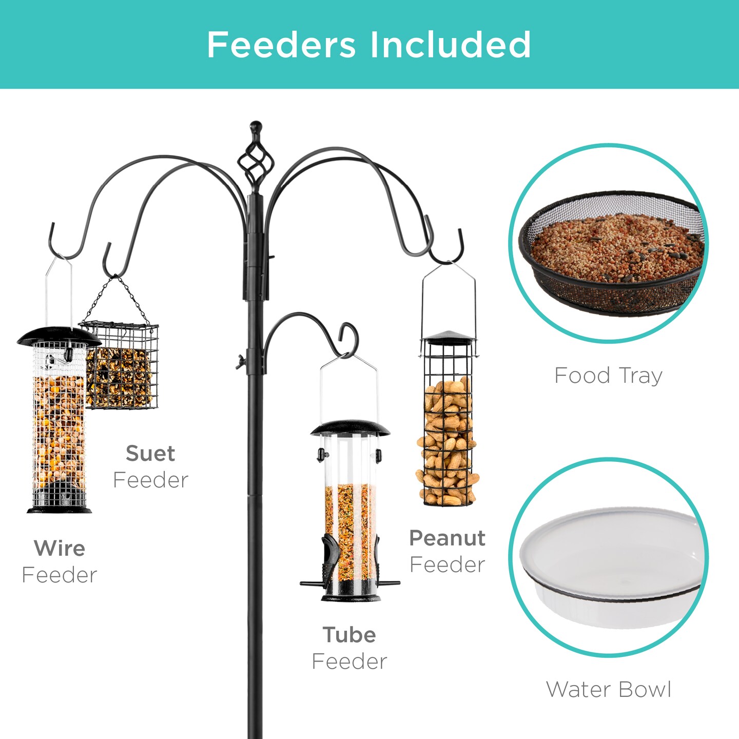 Best Choice Products 89in 6-Hook Bird Feeding Station, Steel Multi-Feeder Stand w/ 4 Feeders, Tray, Bird Bath