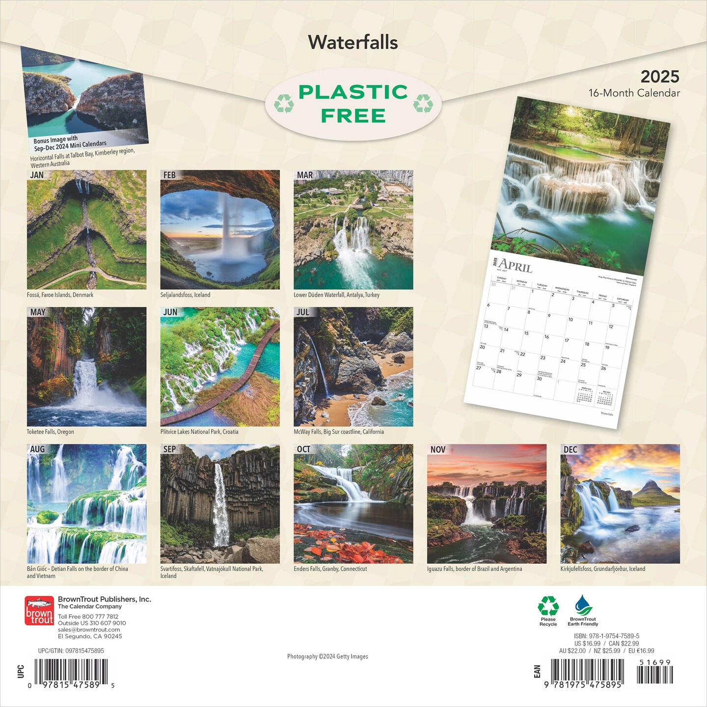 Waterfalls | 2025 12 x 24 Inch Monthly Square Wall Calendar | Plastic-Free | BrownTrout | Nature Rivers Lakes