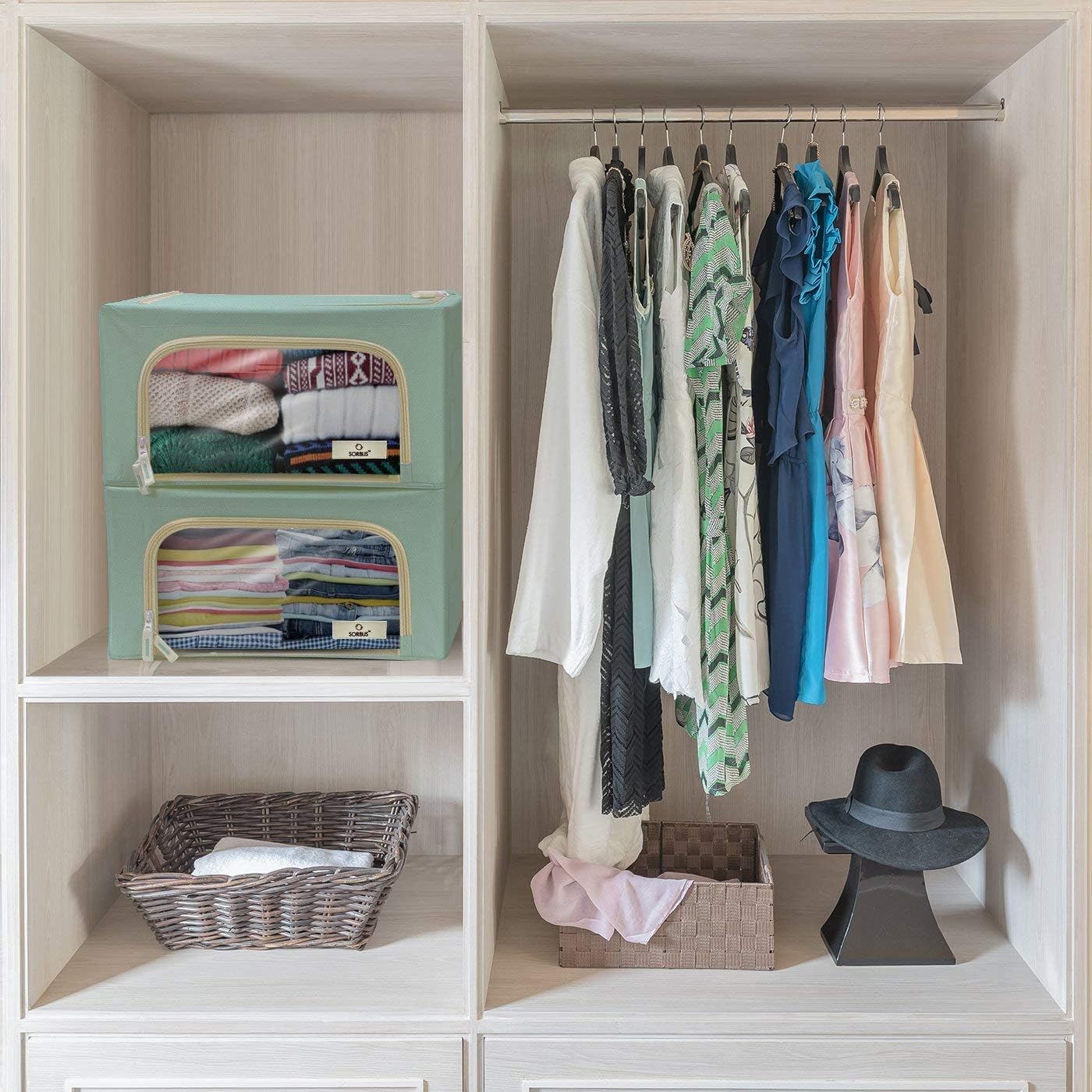 Sorbus 1 Pack Storage Bin with Metal Frame - Stackable & Foldable Bedding, Linen, and Clothes Organizer Bags with Window and Handles