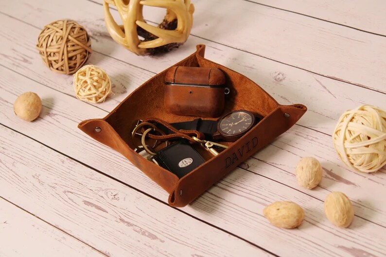 Father Birthday Gifts,Personalized Leather Catchall,Custom Valet Tray,Nightstand Organizer,Monogrammed Home Decor,Office Gift for Coworker product 2
