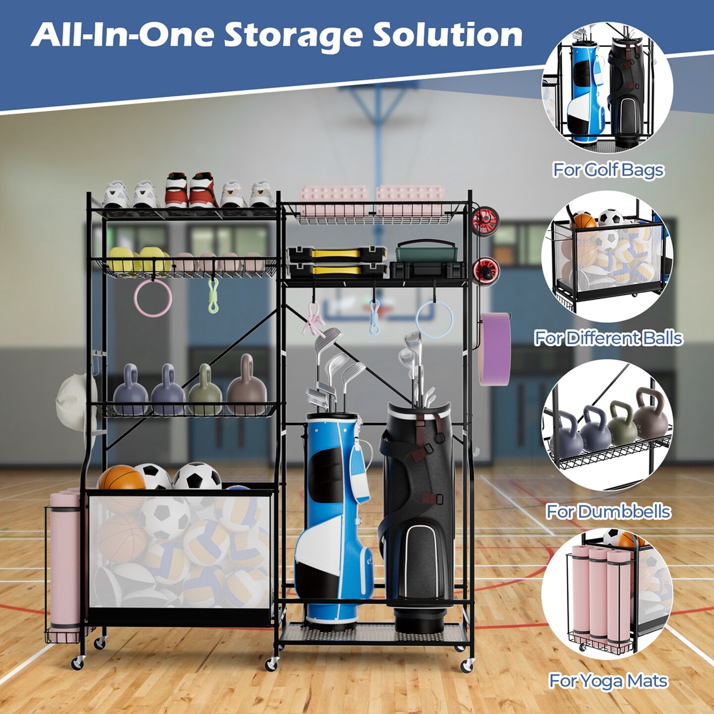 Costway Sports Equipment Organizer for Garage with Yoga Mat Holder Ball Basket Metal Black