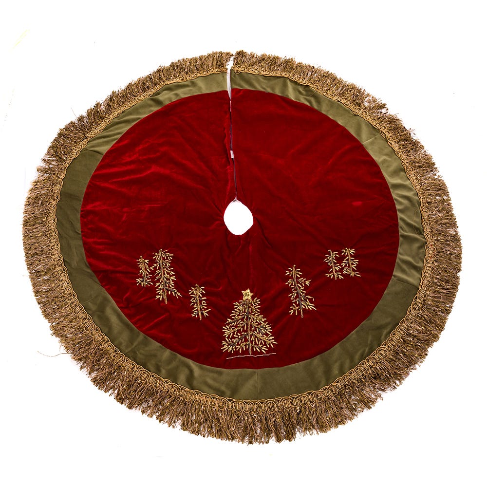 Kurt Adler 50-Inch Burgundy Ribbon Trees Tree skirt with Green Tassel Border