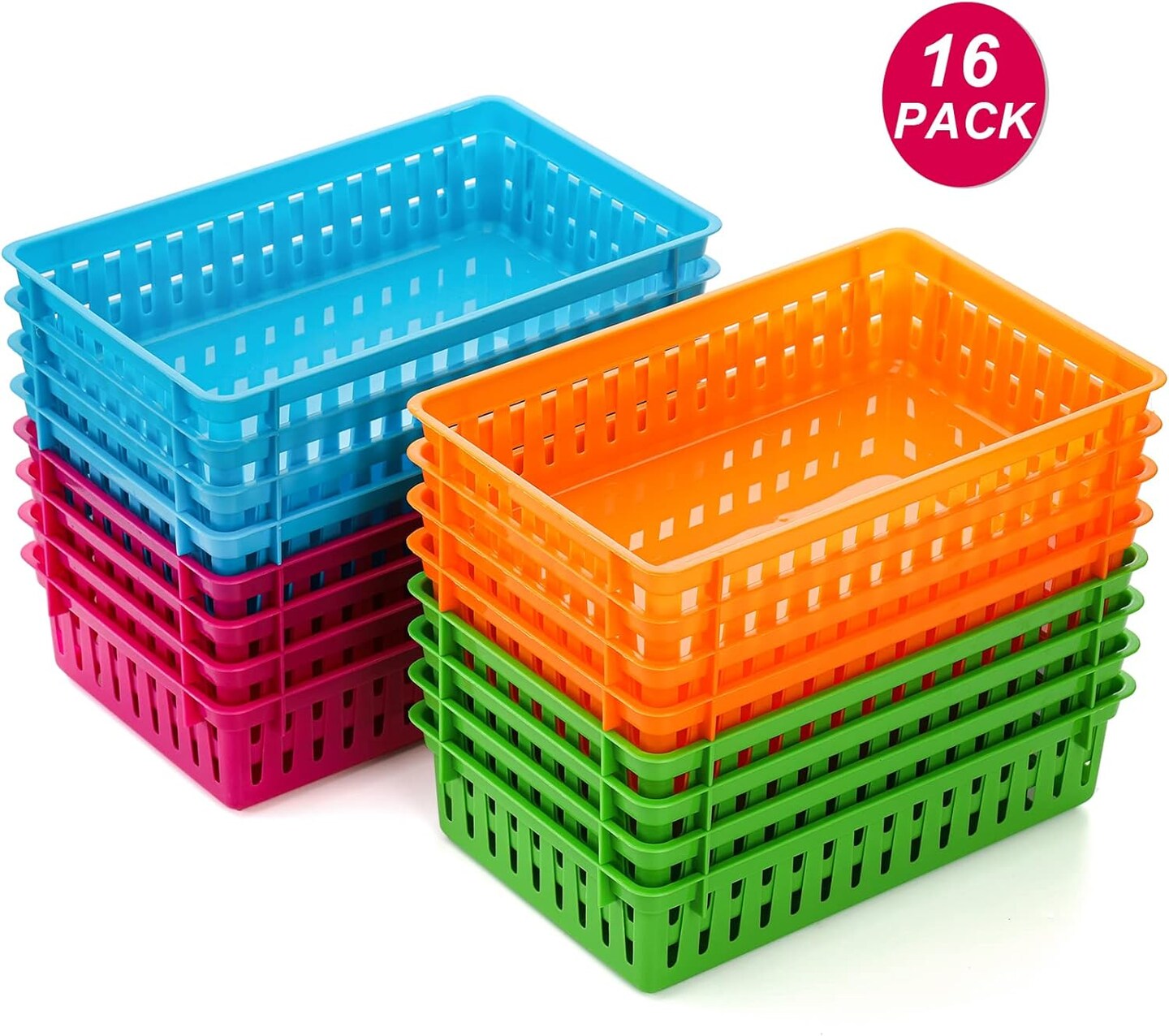 16 Pack Classroom Storage Baskets Bins, Small Plastic Organizer Basket, Colorful Storage Trays, Crayon Pencil Containers for Paper, Desk, Shelf, Home School Office, 10.2&#x22;L x 6.5&#x22;W x 2.4&#x22;H