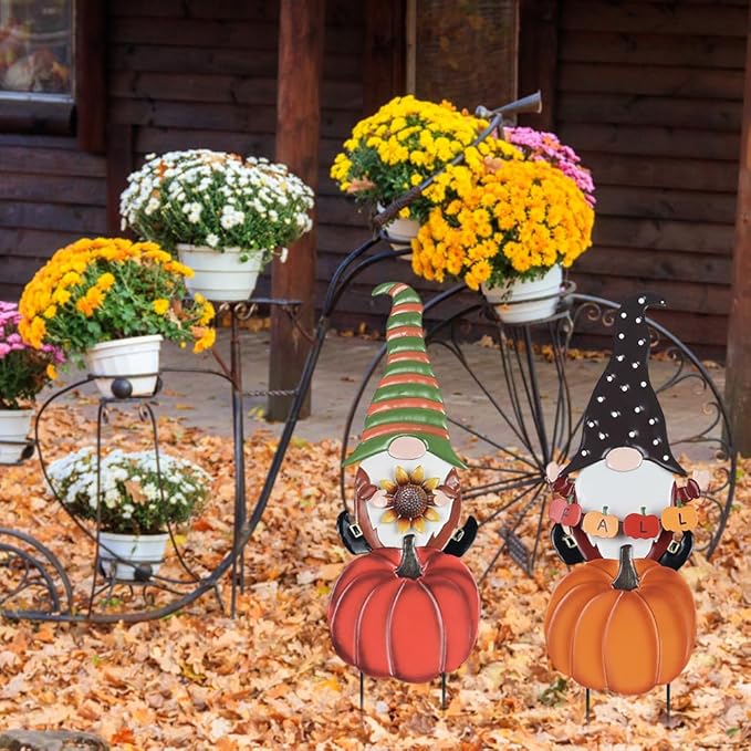 Fall Decorations for Home Outdoor, 2 Pieces Metal Gnome Decorative Garden Stakes with Pumpkins for Fall Decor, Yard Signs for Garden, Home, Lawn, Patio, Thanksgiving Decorations