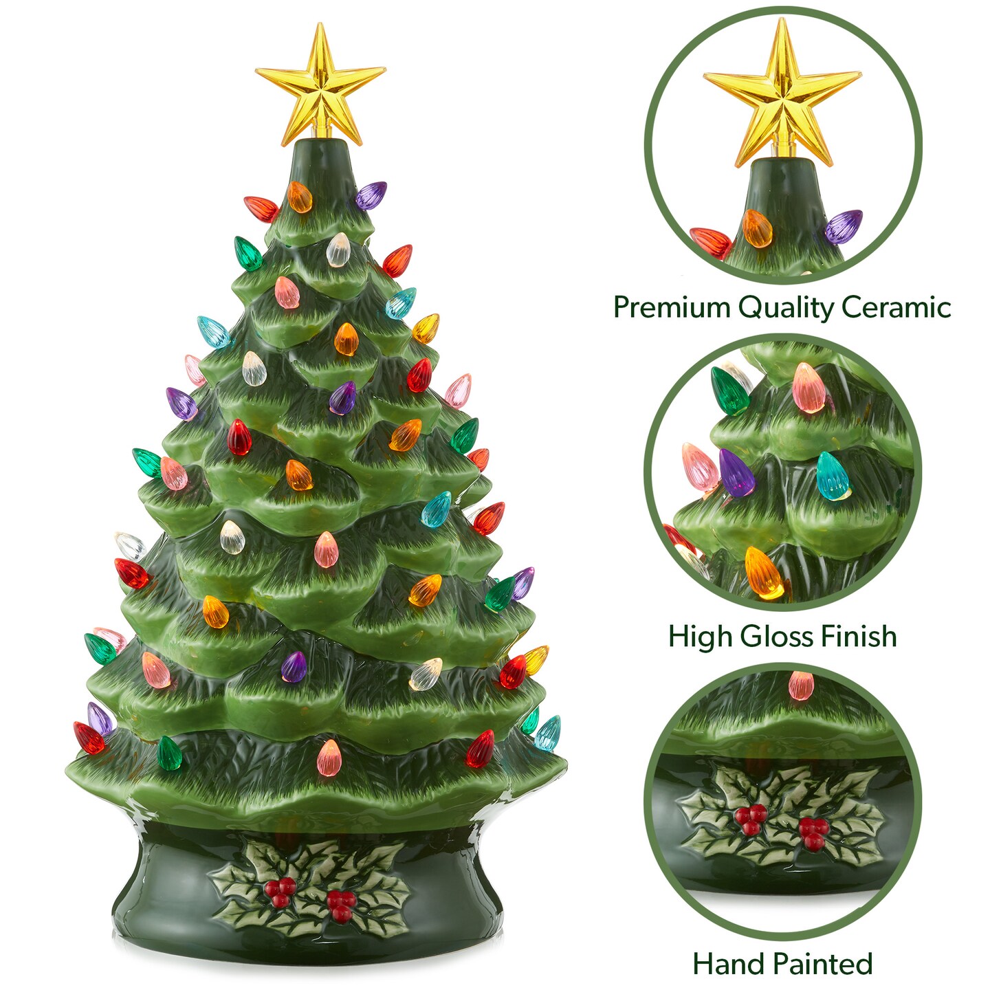 Casafield Hand Painted Ceramic Christmas Tree, 24-Inch Pre-Lit Tree with 148 Multi Color Lights and 2 Star Toppers