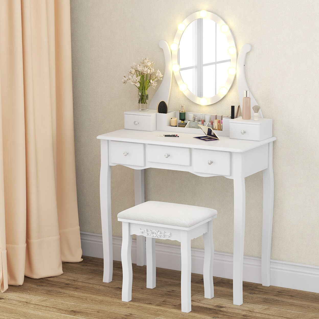 Vanity Table Set W/10 Light Bulbs And Touch Switch Makeup Dressing Table White/Brown/Black