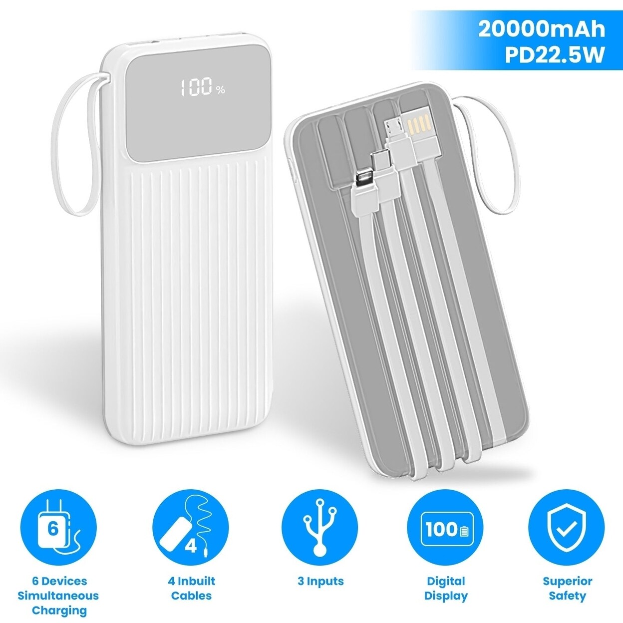 5W Fast Charger 20000Mah Fast Charging Power Bank Portable Charger With 4 Inbuilt Cables Digital Display Handle For