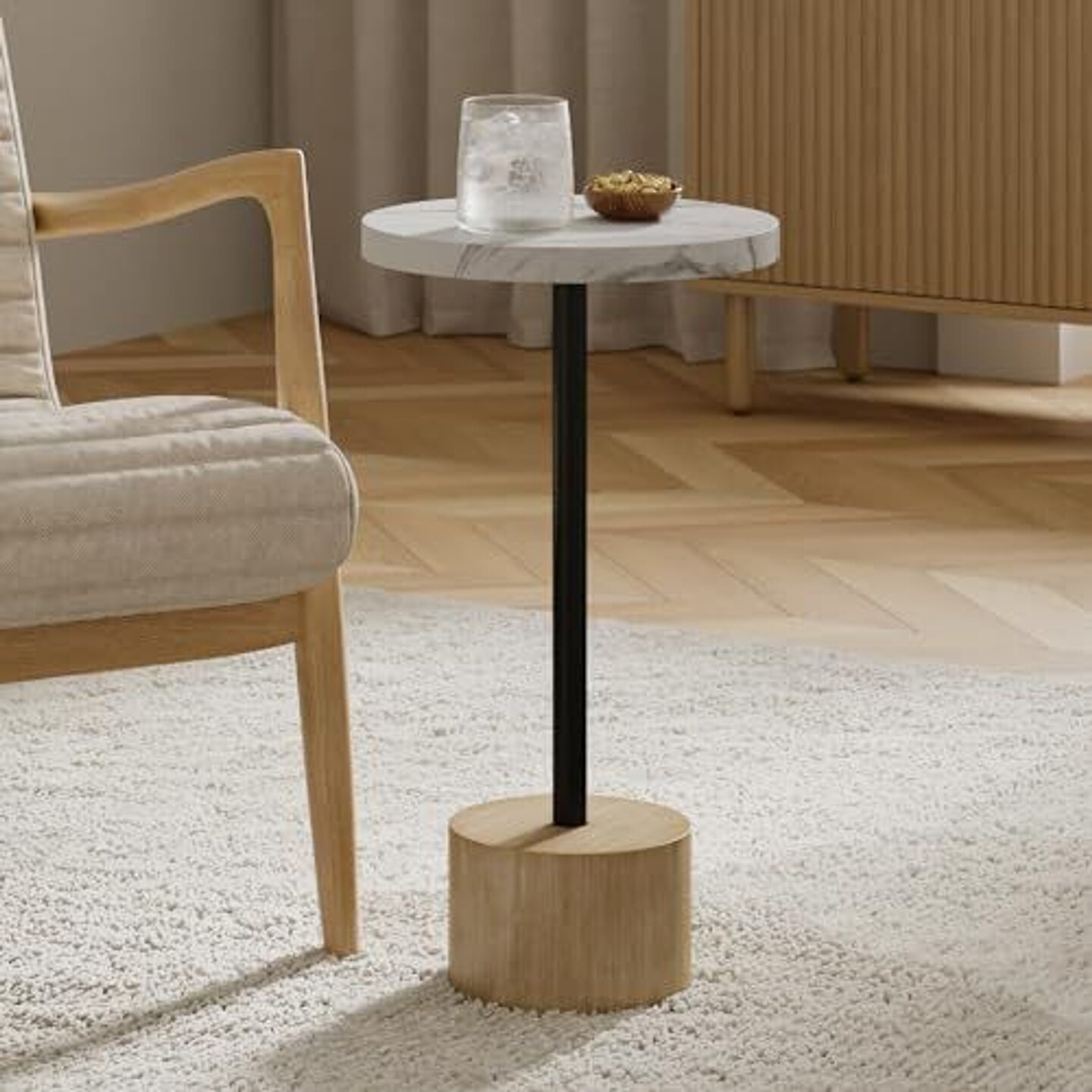 Stead Round Metal Drink Table, Pedestal Drink Table, Modern Home, Bedroom, and Living Room Furniture, Small Metal Side Table with Cylindrical Light Brown Base, Pedestal Table (Faux Marble Top)