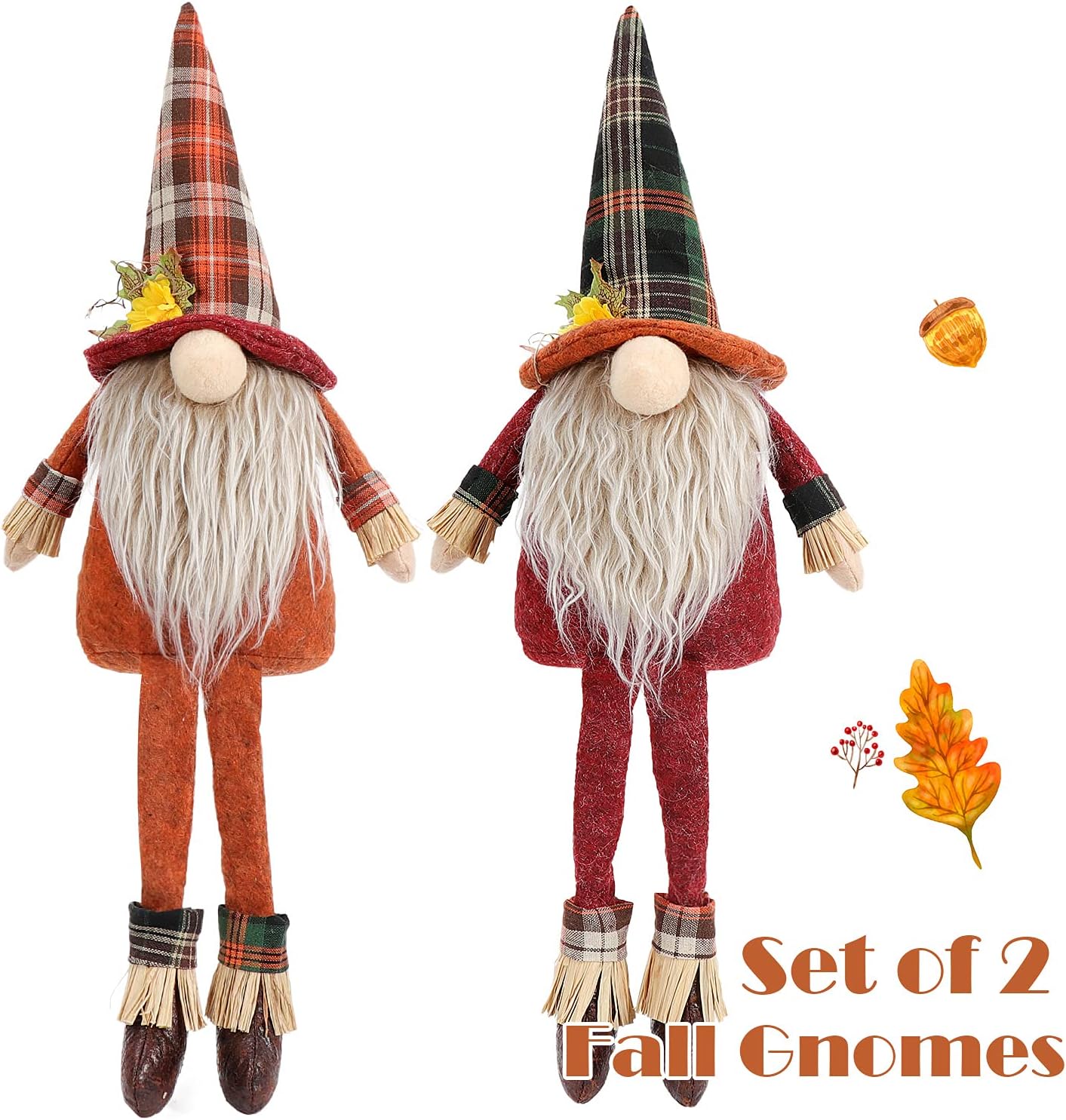 Fall Gnome Set with Two Dangle Legs. Buffalo Check Hat Plush Nisse Figurine. Swedish Nordic Tomte Scandinavian for Autumn Thanksgiving Home Decor Interior Decorations