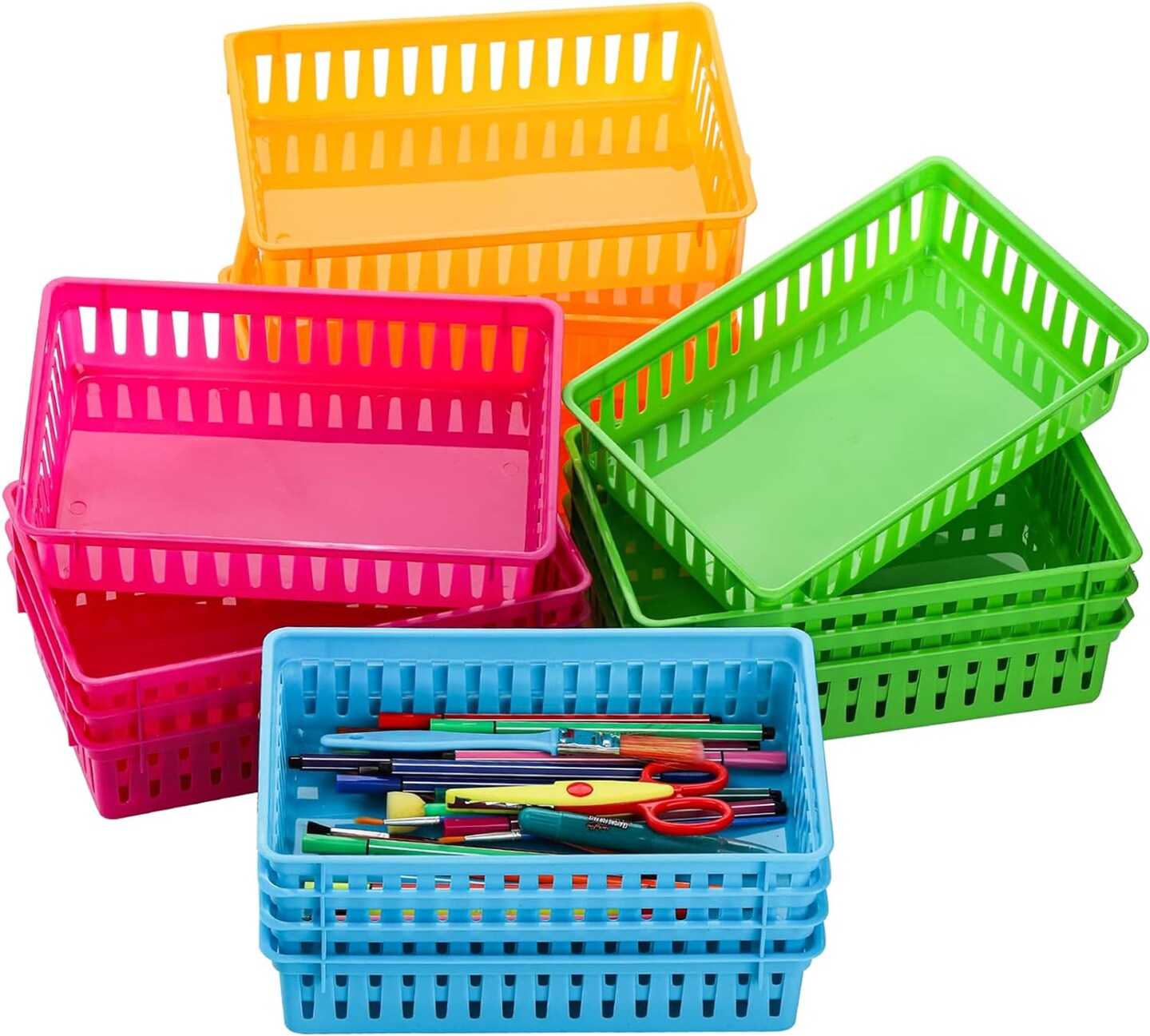 16 Pack Classroom Storage Baskets Bins, Small Plastic Organizer Basket, Colorful Storage Trays, Crayon Pencil Containers for Paper, Desk, Shelf, Home School Office, 10.2&#x22;L x 6.5&#x22;W x 2.4&#x22;H