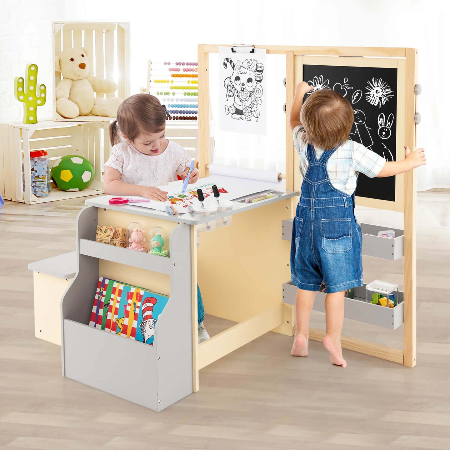 Costway Kids Art Center Wooden Table Bench Set Adjustable Double-Sided Easel Storage