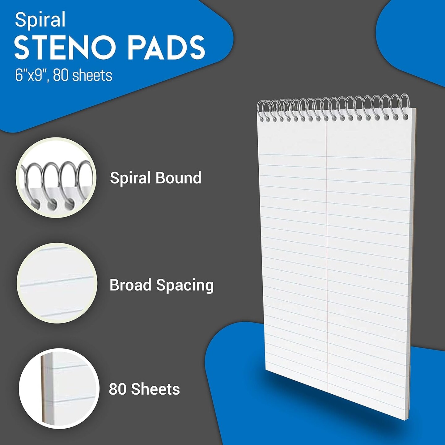 Steno Pads Spiral 6X9, Spiral Note Pad, Gregg Ruled, White, 80 Sheets/Pad, (12) (12)