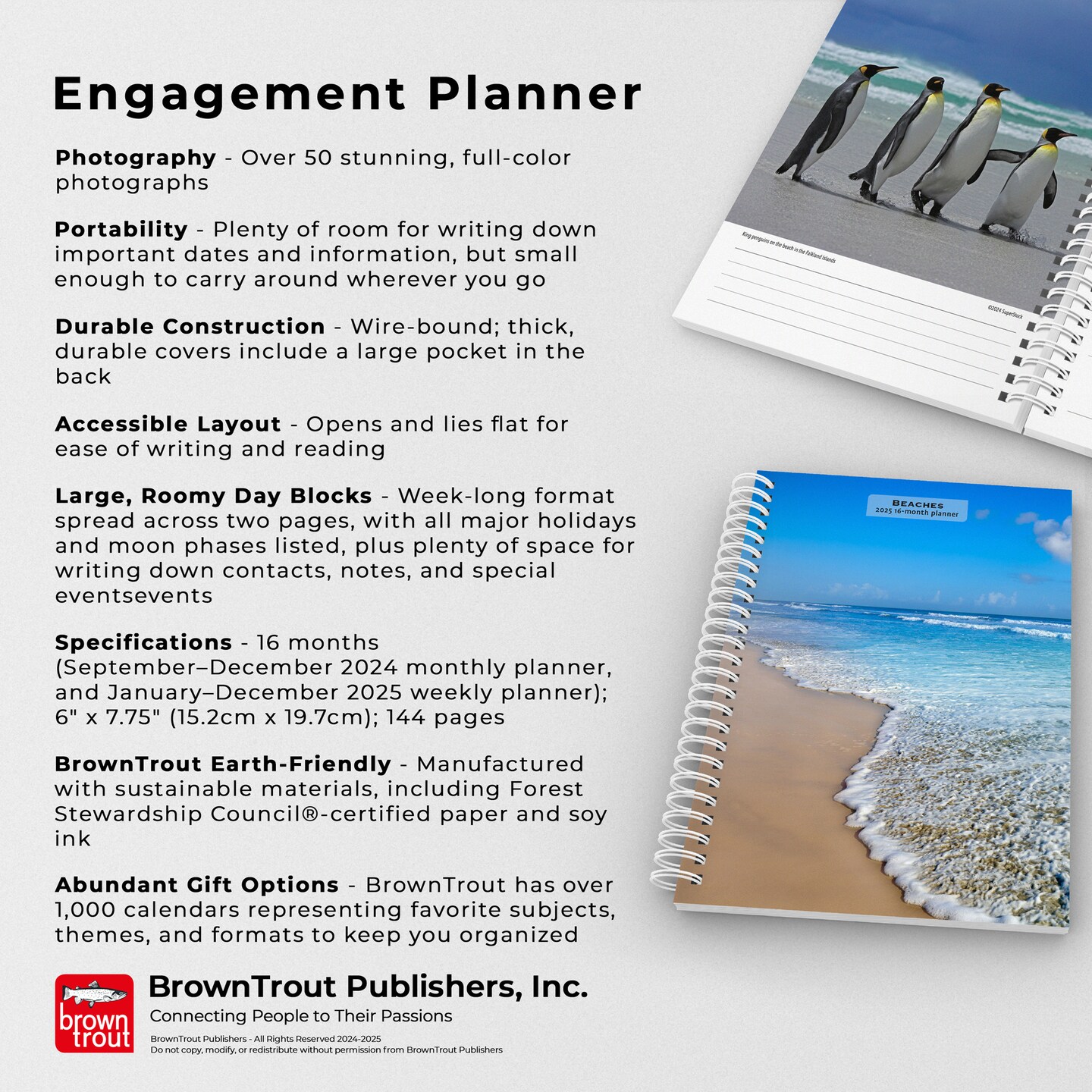 Beaches | 2025 6 x 7.75 Inch Spiral-Bound Wire-O Weekly Engagement Planner Calendar | New Full-Color Image Every Week | BrownTrout | Travel Nature Tropical