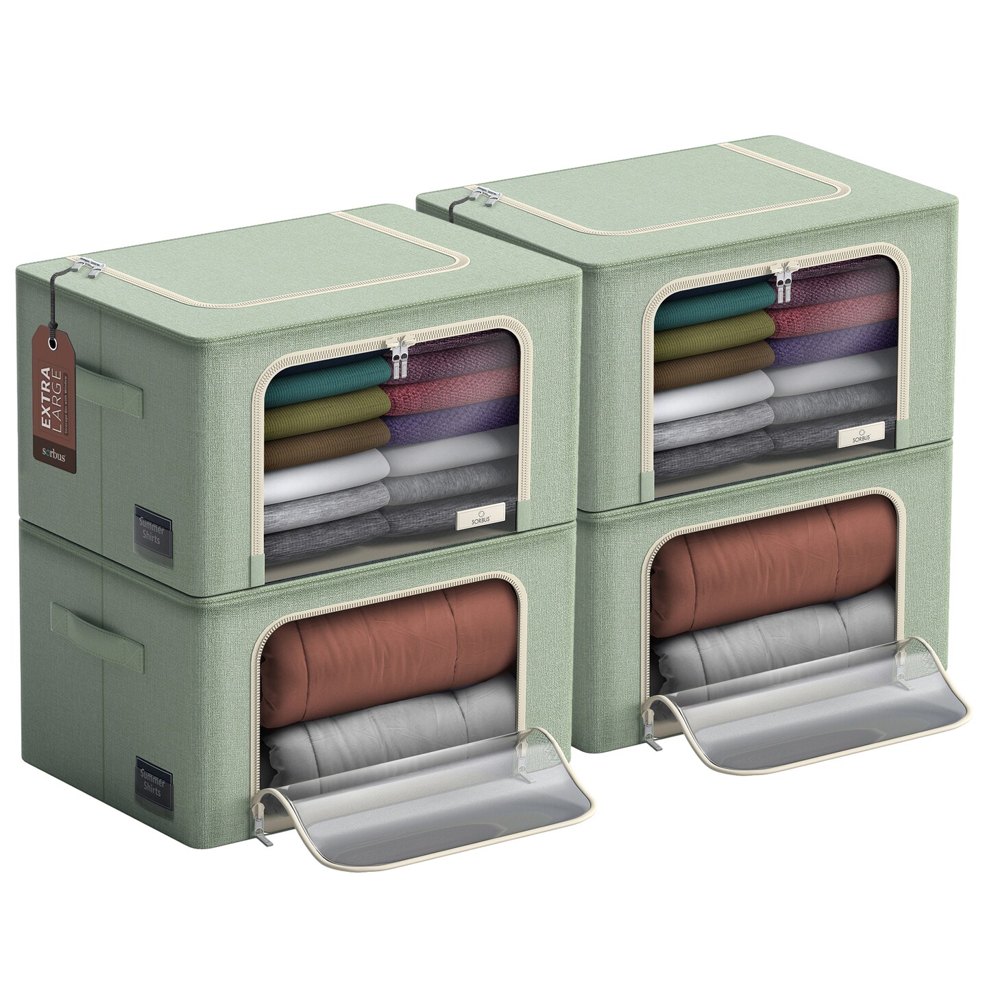 Sorbus 4 Pack Jumbo Storage Bins, Stackable &#x26; Foldable Clothes Organizer Bags with Metal Frame, Window, &#x26; Handles 