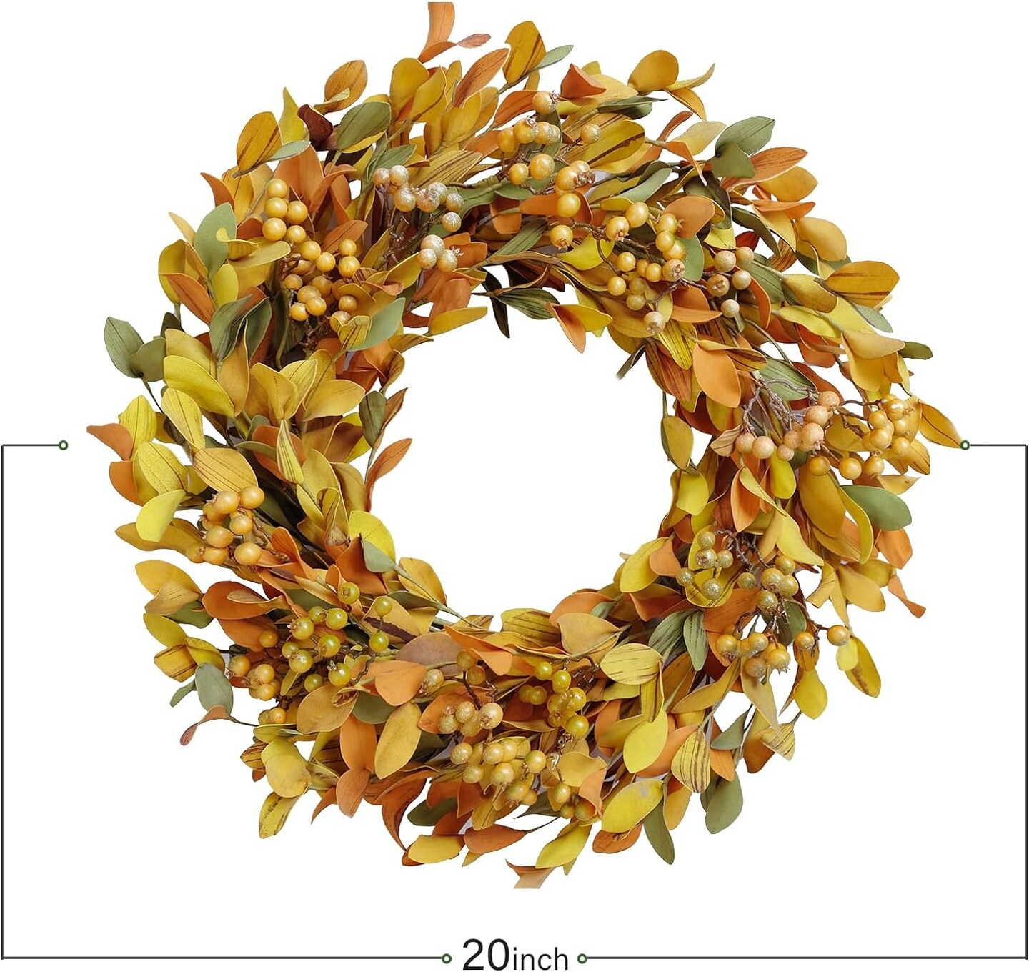 Artificial Fall Leaves Wreath 20 inch Autumn Leaves Yellow Berry Decorative Wreath for Festival Celebration for Front Door Indoor or Outdoor Wall Home Party Decor
